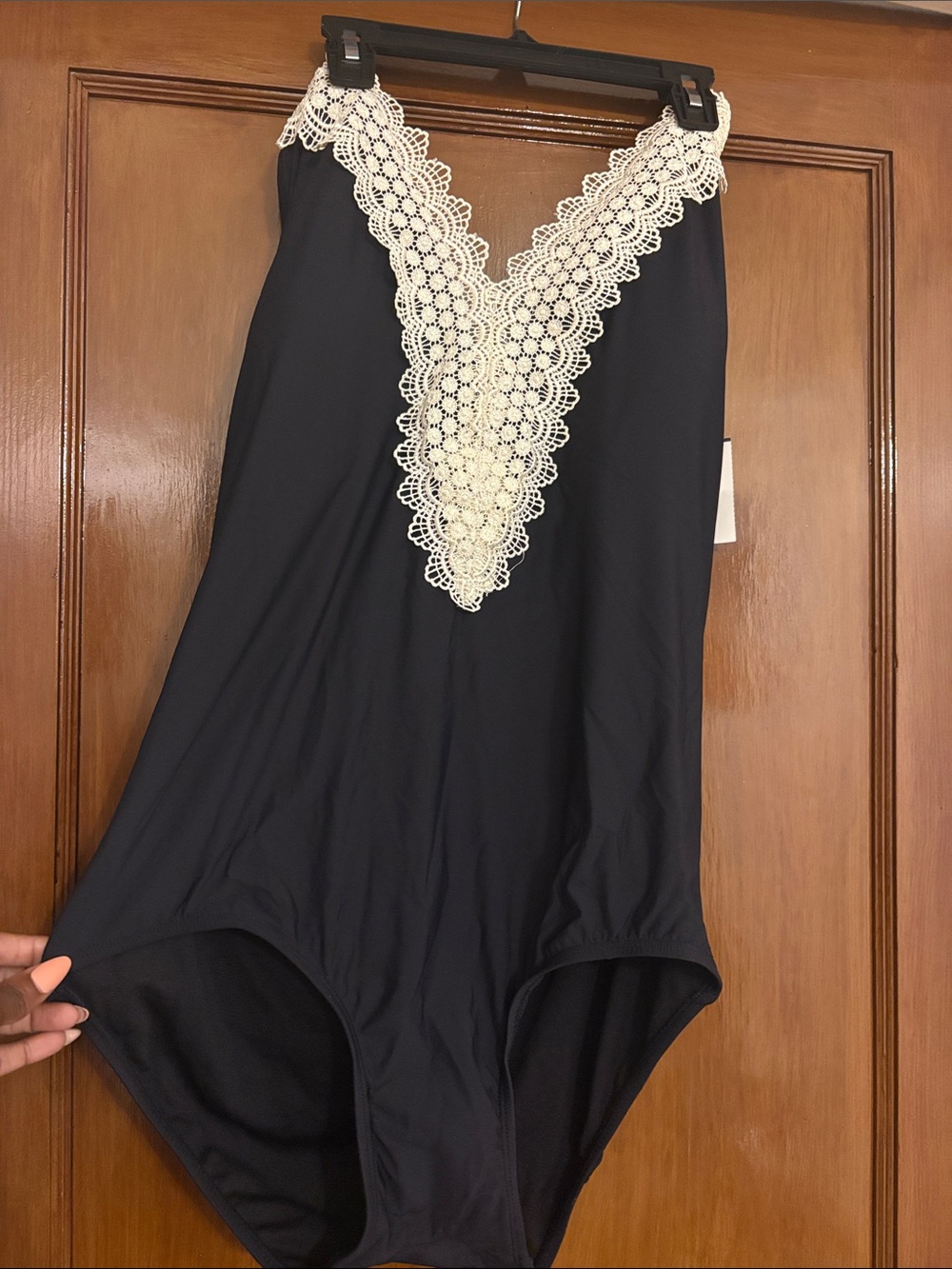Classic Black One-Piece Halter Swimsuit with Cream Lace V-Neck